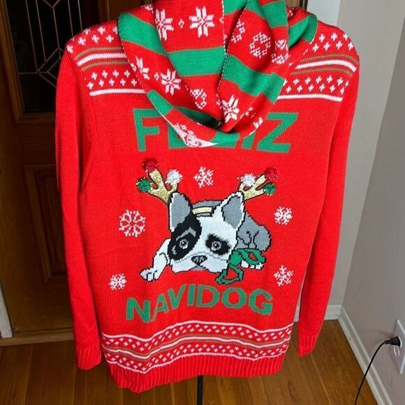 Self Esteem Ugly Cristmas "Feliz Navidog" Sweater Frenchie Bull Dog & Scarf Plu - Picture 2 of 8
